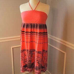 RIP CURL Salmon Gray Floral Striped Boho Surfer Halter Cotton Summer Sun Dress L